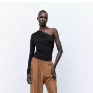 ZARA Asymmetrical Bodysuit One-Shoulder Ruched Large